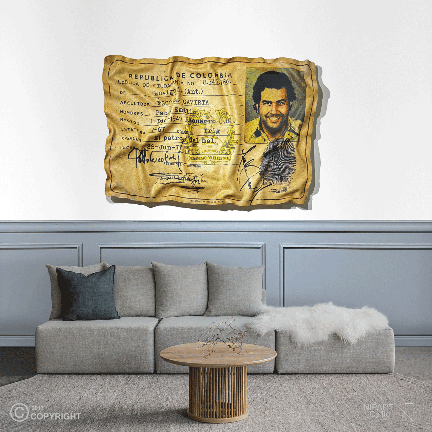 Deformed poster of Escobar's birth certificate