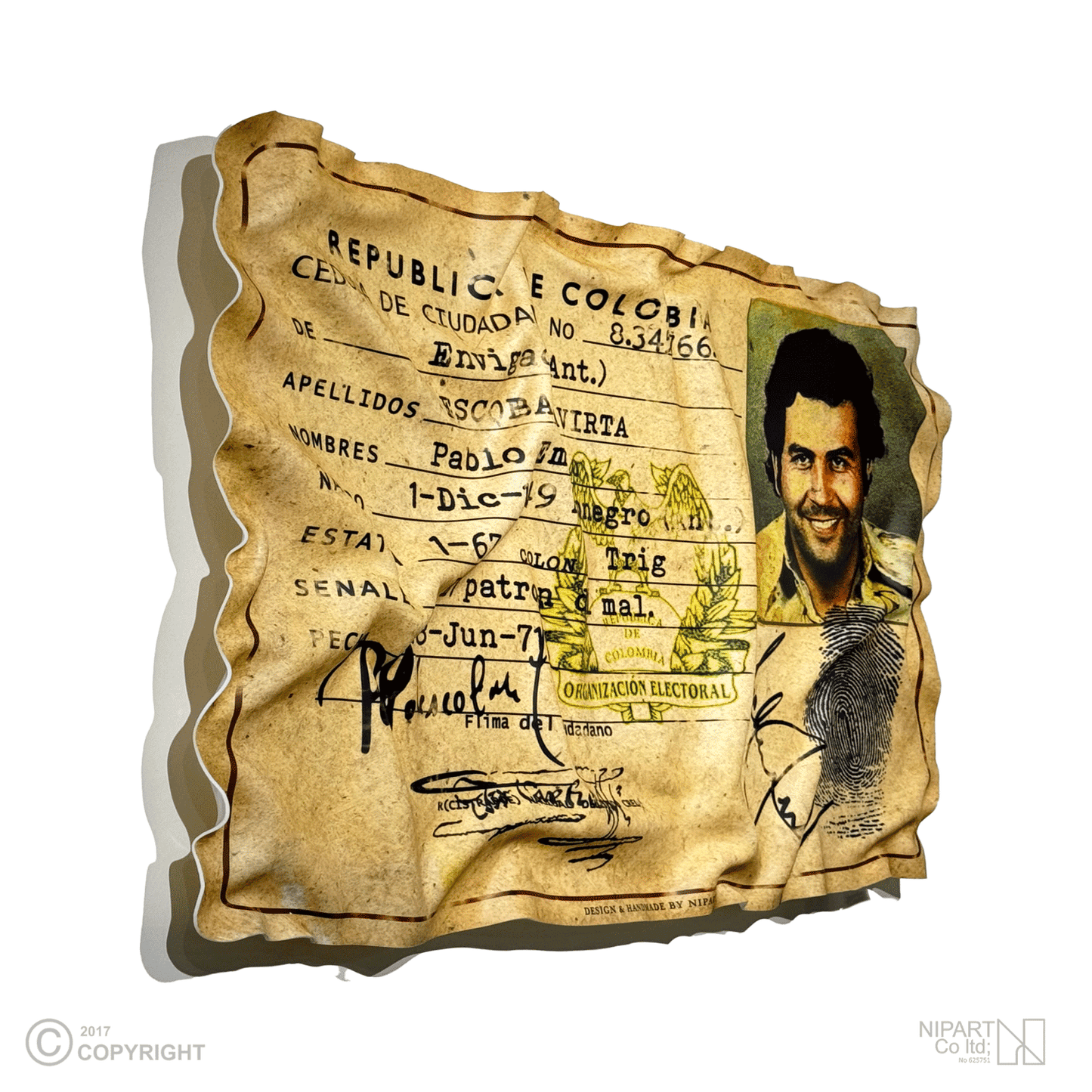 Deformed poster of Escobar's birth certificate