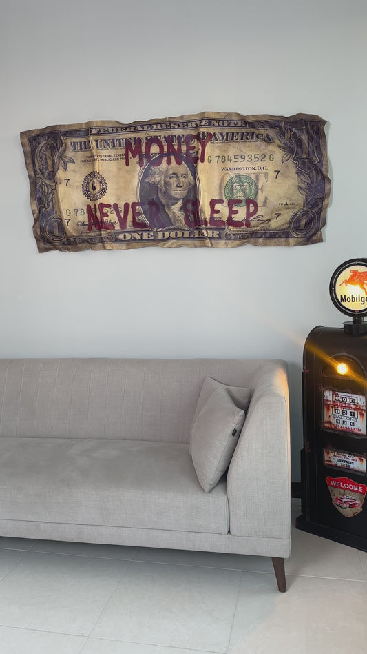 Burnt Dollar Deformed Sign Money Never Sleeps